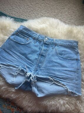 Levi's Light Blue Distressed High-Rise Denim Shorts